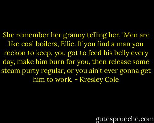 She remember her granny telling her, 'Men are like coal boilers, Ellie. If you find a man you reckon to keep, you got to feed his belly every day, make him burn for you, then release some steam purty regular, or you ain't ever gonna get him to work. - Kresley Cole