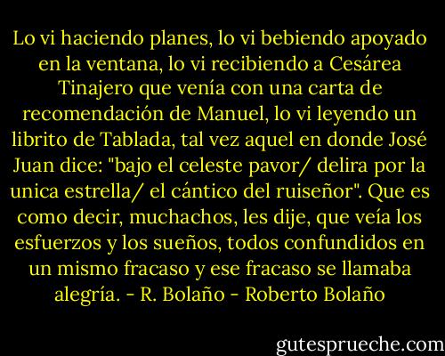 Lo vi haciendo planes, lo vi bebiendo apoyado en la ventana, lo vi recibiendo a Cesárea Tinajero que venía con una carta de recomendación de Manuel, lo vi leyendo un librito de Tablada, tal vez aquel en donde José Juan dice: "bajo el celeste pavor/ delira por la unica estrella/ el cántico del ruiseñor". Que es como decir, muchachos, les dije, que veía los esfuerzos y los sueños, todos confundidos en un mismo fracaso y ese fracaso se llamaba alegría. - R. Bolaño - Roberto Bolaño