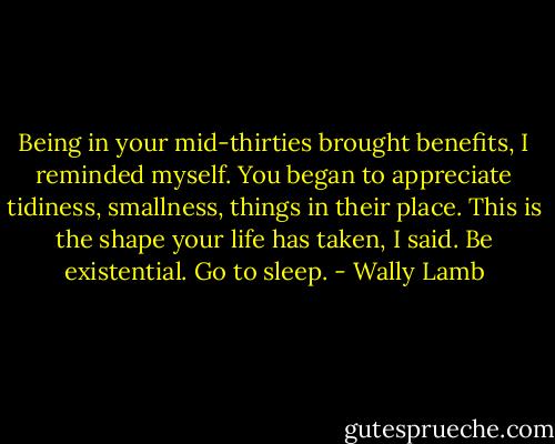Being in your mid-thirties brought benefits, I reminded myself. You began to appreciate tidiness, smallness, things in their place. This is the shape your life has taken, I said. Be existential. Go to sleep. - Wally Lamb