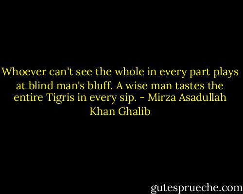 Whoever can't see the whole in every part plays at blind man's bluff. A wise man tastes the entire Tigris in every sip. - Mirza Asadullah Khan Ghalib
