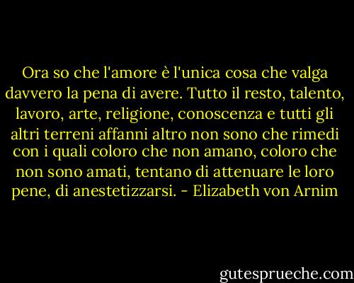 Ora so che l'amore è l'unica cosa che valga davvero la pena di avere. Tutto il resto, talento, lavoro, arte, religione, conoscenza e tutti gli altri terreni affanni altro non sono che rimedi con i quali coloro che non amano, coloro che non sono amati, tentano di attenuare le loro pene, di anestetizzarsi. - Elizabeth von Arnim