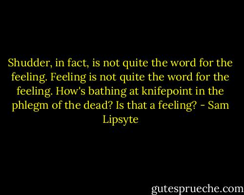 Shudder, in fact, is not quite the word for the feeling. Feeling is not quite the word for the feeling. How's bathing at knifepoint in the phlegm of the dead? Is that a feeling? - Sam Lipsyte