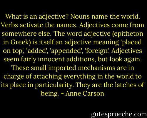 What is an adjective? Nouns name the world. Verbs activate the names. Adjectives come from somewhere else. The word adjective (epitheton in Greek) is itself an adjective meaning 'placed on top', 'added', 'appended', 'foreign'. Adjectives seem fairly innocent additions, but look again. These small imported mechanisms are in charge of attaching everything in the world to its place in particularity. They are the latches of being. - Anne Carson