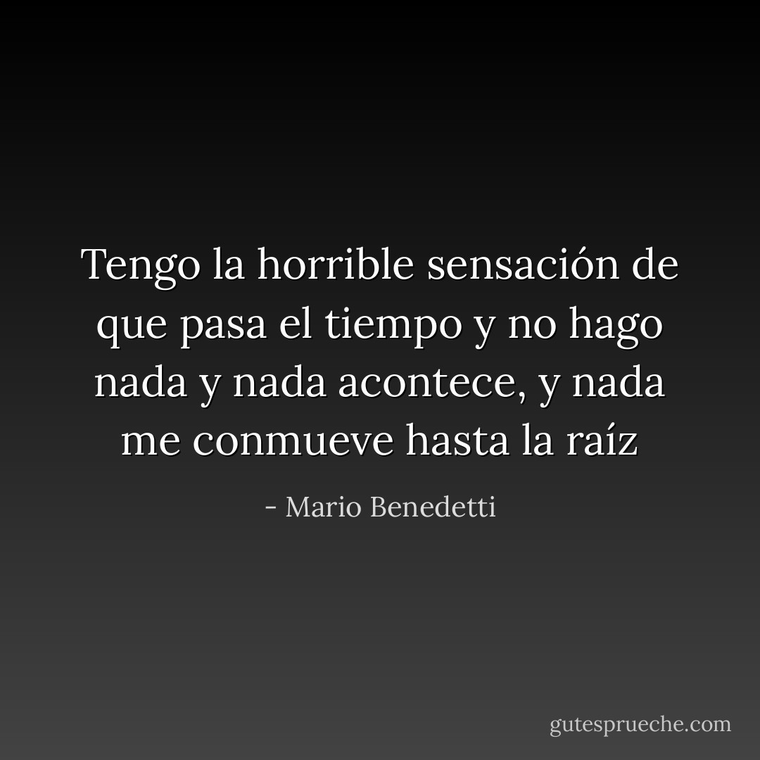 Tengo la horrible sensación de que pasa el tiempo y no hago nada y nada acontece, y nada me conmueve hasta la raíz - Mario Benedetti