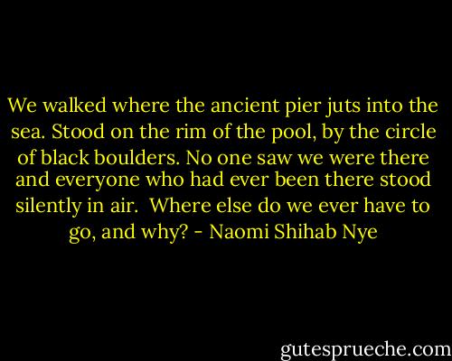 We walked where the ancient pier juts into the sea.<br />Stood on the rim of the pool, by the circle<br />of black boulders. No one saw we were there<br />and everyone who had ever been there<br />stood silently in air.<br /><br />Where else do we ever have to go, and why? - Naomi Shihab Nye