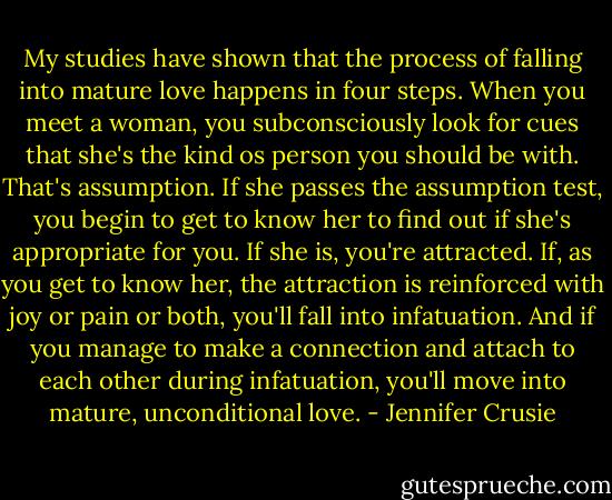 My studies have shown that the process of falling into mature love happens in four steps. When you meet a woman, you subconsciously look for cues that she's the kind os person you should be with. That's assumption. If she passes the assumption test, you begin to get to know her to find out if she's appropriate for you. If she is, you're attracted. If, as you get to know her, the attraction is reinforced with joy or pain or both, you'll fall into infatuation. And if you manage to make a connection and attach to each other during infatuation, you'll move into mature, unconditional love. - Jennifer Crusie