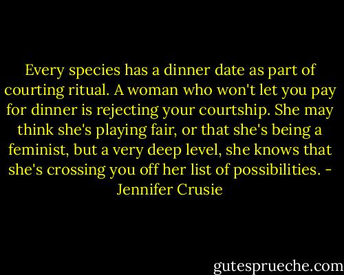 Every species has a dinner date as part of courting ritual. A woman who won't let you pay for dinner is rejecting your courtship. She may think she's playing fair, or that she's being a feminist, but a very deep level, she knows that she's crossing you off her list of possibilities. - Jennifer Crusie