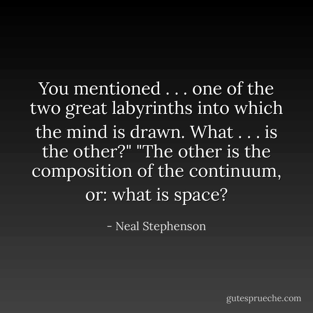 You mentioned . . . one of the two great labyrinths into which the mind is drawn. What . . . is the other?"<br />"The other is the composition of the continuum, or: what is space? - Neal Stephenson