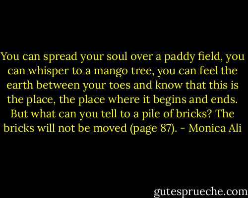 You can spread your soul over a paddy field, you can whisper to a mango tree, you can feel the earth between your toes and know that this is the place, the place where it begins and ends. But what can you tell to a pile of bricks? The bricks will not be moved (page 87). - Monica Ali