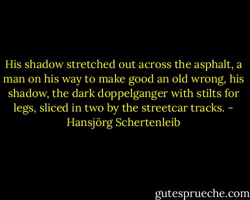 His shadow stretched out across the asphalt, a man on his way to make good an old wrong, his shadow, the dark doppelganger with stilts for legs, sliced in two by the streetcar tracks. - Hansjörg Schertenleib