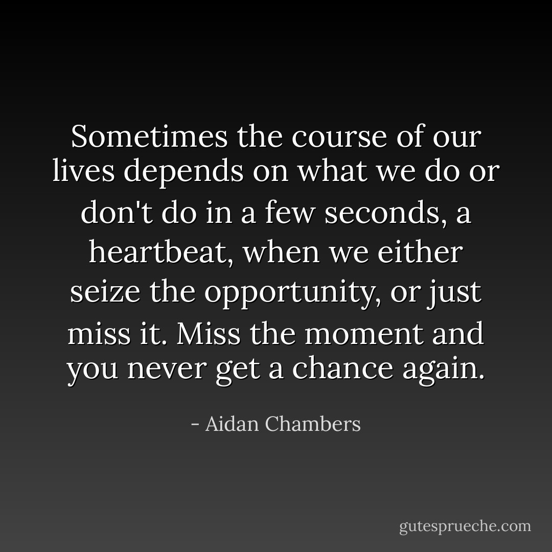 Sometimes the course of our lives depends on what we do or don't do in a few seconds, a heartbeat, when we either seize the opportunity, or just miss it. Miss the moment and you never get a chance again. - Aidan Chambers