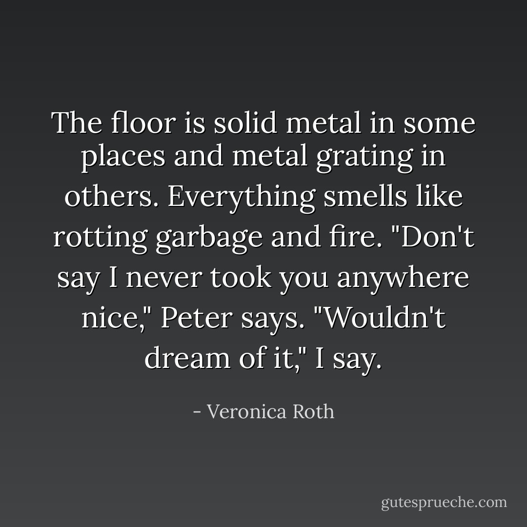 The floor is solid metal in some places and metal grating in others. Everything smells like rotting garbage and fire.<br />"Don't say I never took you anywhere nice," Peter says.<br />"Wouldn't dream of it," I say. - Veronica Roth