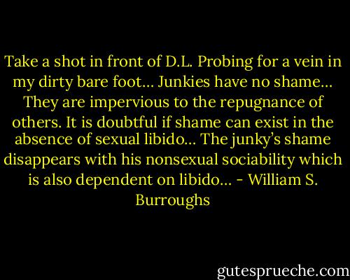 Take a shot in front of D.L. Probing for a vein in my dirty bare foot… Junkies have no shame… They are impervious to the repugnance of others. It is doubtful if shame can exist in the absence of sexual libido… The junky’s shame disappears with his nonsexual sociability which is also dependent on libido… - William S. Burroughs