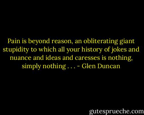 Pain is beyond reason, an obliterating giant stupidity to which all your history of jokes and nuance and ideas and caresses is nothing, simply nothing . . . - Glen Duncan