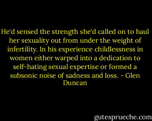 He'd sensed the strength she'd called on to haul her sexuality out from under the weight of infertility. In his experience childlessness in women either warped into a dedication to self-hating sexual expertise or formed a subsonic noise of sadness and loss. - Glen Duncan