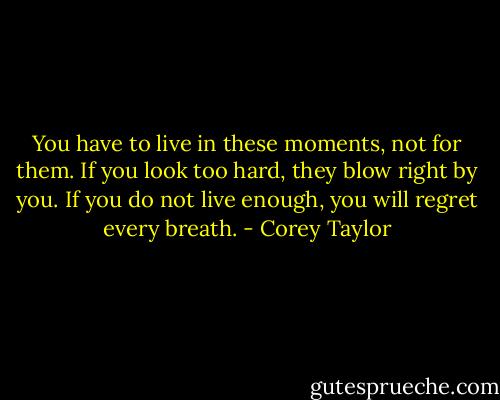 You have to live in these moments, not for them. If you look too hard, they blow right by you. If you do not live enough, you will regret every breath. - Corey Taylor