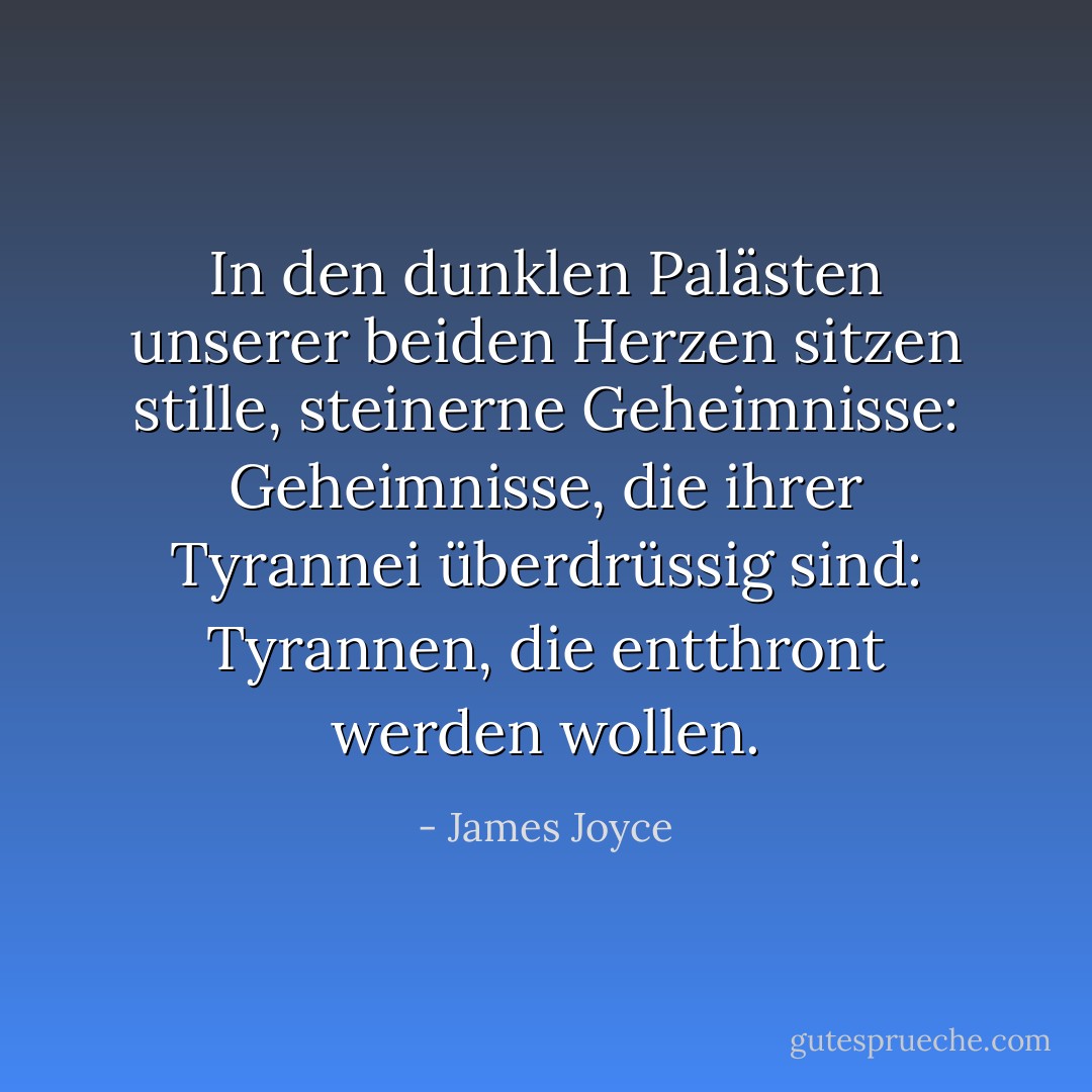 In den dunklen Palästen unserer beiden Herzen sitzen stille, steinerne Geheimnisse: Geheimnisse, die ihrer Tyrannei überdrüssig sind: Tyrannen, die entthront werden wollen. - James Joyce<