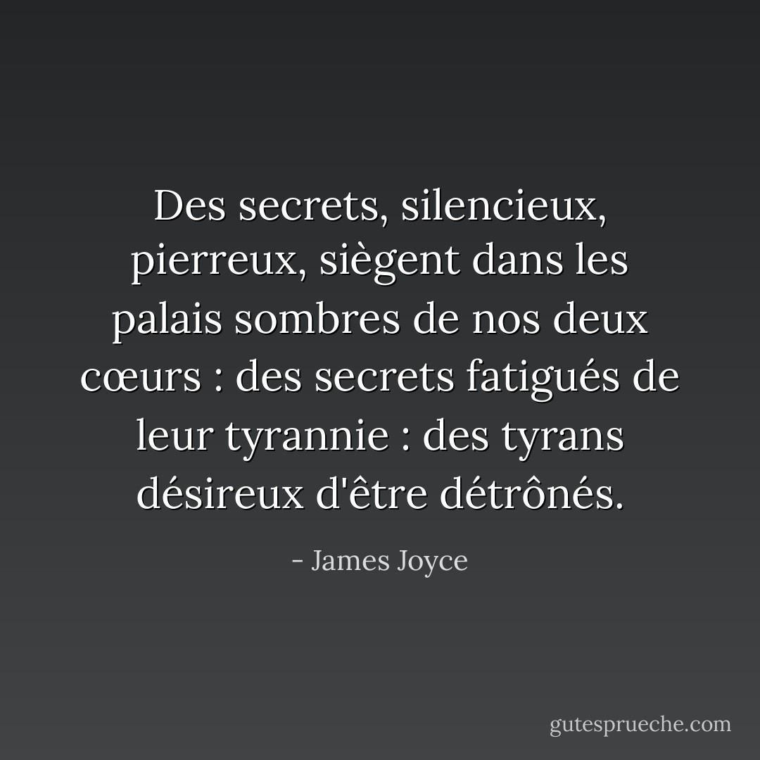 Des secrets, silencieux, pierreux, siègent dans les palais sombres de nos deux cœurs : des secrets fatigués de leur tyrannie : des tyrans désireux d'être détrônés. - James Joyce