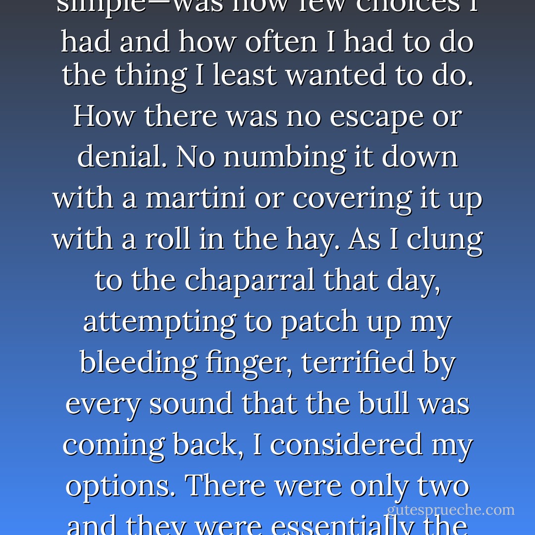 The thing about hiking the Pacific Crest Trail, the thing that was so profound to me that summer—and yet also, like most things, so very simple—was how few choices I had and how often I had to do the thing I least wanted to do. How there was no escape or denial. No numbing it down with a martini or covering it up with a roll in the hay. As I clung to the chaparral that day, attempting to patch up my bleeding finger, terrified by every sound that the bull was coming back, I considered my options. There were only two and they were essentially the same. I could go back in the direction I had come from, or I could go forward in the direction I intended to go. - Cheryl Strayed