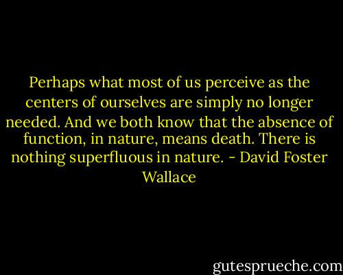 Perhaps what most of us perceive as the centers of ourselves are simply no longer needed. And we both know that the absence of function, in nature, means death. There is nothing superfluous in nature. - David Foster Wallace