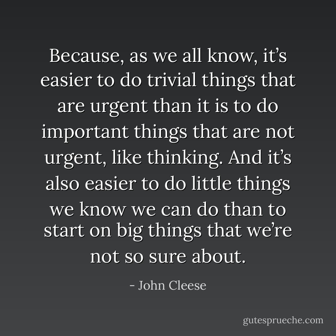 Because, as we all know, it’s easier to do trivial things that are urgent than it is to do important things that are not urgent, like thinking. And it’s also easier to do little things we know we can do than to start on big things that we’re not so sure about. - John Cleese