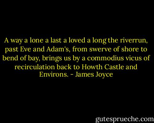 A way a lone a last a loved a long the riverrun, past Eve and Adam's, from swerve of shore to bend of bay, brings us by a commodius vicus of recirculation back to Howth Castle and Environs. - James Joyce