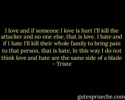 I love and if someone I love is hurt I'll kill the attacker and no one else, that is love. I hate and if I hate I'll kill their whole family to bring pain to that person, that is hate, In this way I do not think love and hate are the same side of a blade - Triste