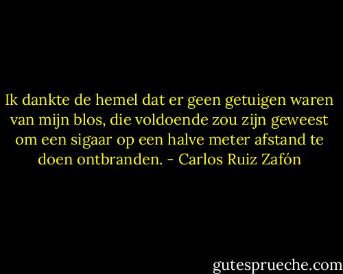 Ik dankte de hemel dat er geen getuigen waren van mijn blos, die voldoende zou zijn geweest om een sigaar op een halve meter afstand te doen ontbranden. - Carlos Ruiz Zafón