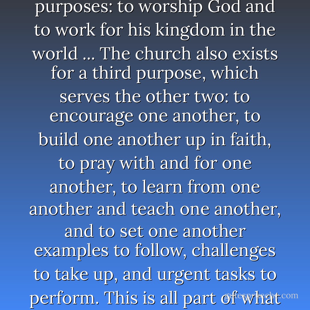 The church exists primarily for two closely correlated purposes: to worship God and to work for his kingdom in the world ... The church also exists for a third purpose, which serves the other two: to encourage one another, to build one another up in faith, to pray with and for one another, to learn from one another and teach one another, and to set one another examples to follow, challenges to take up, and urgent tasks to perform. This is all part of what is known loosely as fellowship. - N.T. Wright