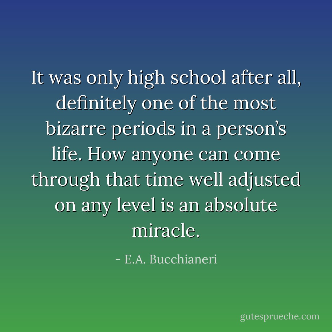 It was only high school after all, definitely one of the most bizarre periods in a person’s life. How anyone can come through that time well adjusted on any level is an absolute miracle. - E.A. Bucchianeri