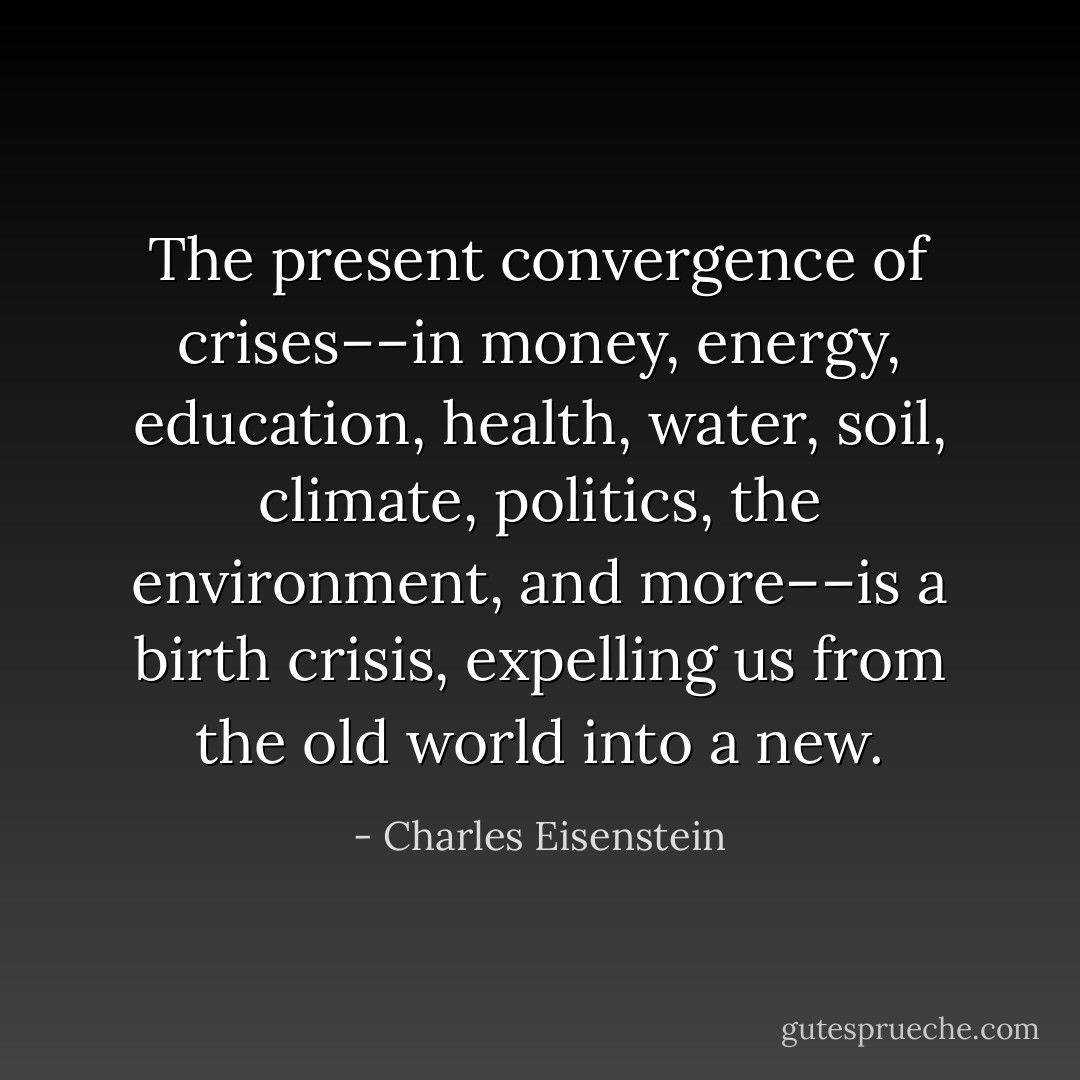 The present convergence of crises––in money, energy, education, health, water, soil, climate, politics, the environment, and more––is a birth crisis, expelling us from the old world into a new. - Charles Eisenstein
