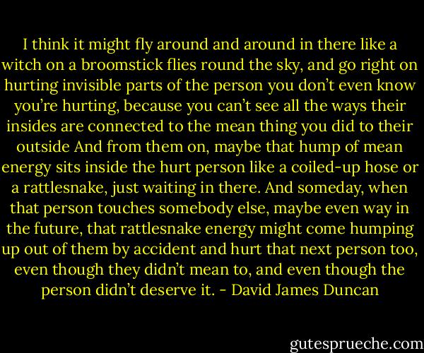I think it might fly around and around in there like a witch on a broomstick flies round the sky, and go right on hurting invisible parts of the person you don’t even know you’re hurting, because you can’t see all the ways their insides are connected to the mean thing you did to their outside And from them on, maybe that hump of mean energy sits inside the hurt person like a coiled-up hose or a rattlesnake, just waiting in there. And someday, when that person touches somebody else, maybe even way in the future, that rattlesnake energy might come humping up out of them by accident and hurt that next person too, even though they didn’t mean to, and even though the person didn’t deserve it. - David James Duncan