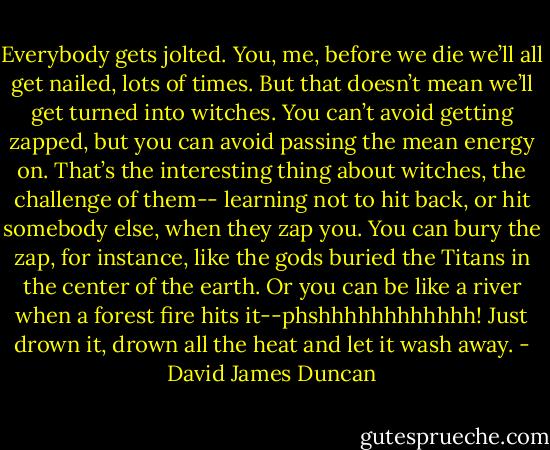 Everybody gets jolted. You, me, before we die we’ll all get nailed, lots of times. But that doesn’t mean we’ll get turned into witches. You can’t avoid getting zapped, but you can avoid passing the mean energy on. That’s the interesting thing about witches, the challenge of them-- learning not to hit back, or hit somebody else, when they zap you. You can bury the zap, for instance, like the gods buried the Titans in the center of the earth. Or you can be like a river when a forest fire hits it--phshhhhhhhhhhhh! Just drown it, drown all the heat and let it wash away. - David James Duncan