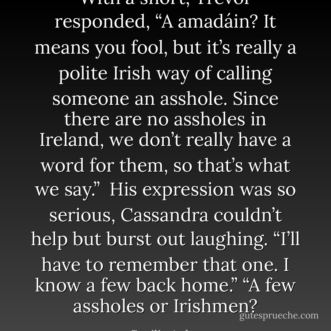 With a snort, Trevor responded, “A amadáin? It means you fool, but it’s really a polite Irish way of calling someone an asshole. Since there are no assholes in Ireland, we don’t really have a word for them, so that’s what we say.”<br /><br />His expression was so serious, Cassandra couldn’t help but burst out laughing. “I’ll have to remember that one. I know a few back home.”<br />“A few assholes or Irishmen? - Cecilia Aubrey