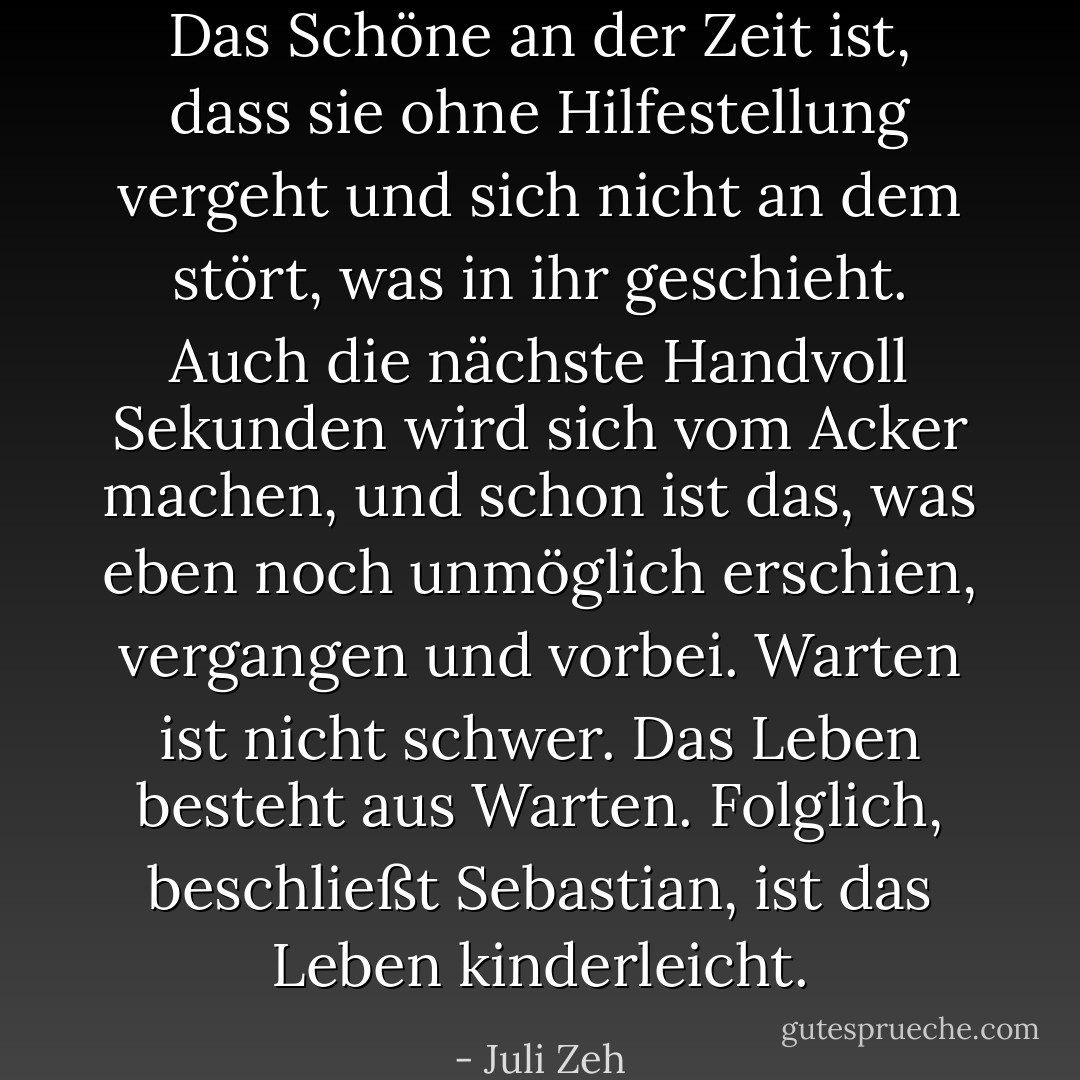 Das Schöne an der Zeit ist, dass sie ohne Hilfestellung vergeht und sich nicht an dem stört, was in ihr geschieht. Auch die nächste Handvoll Sekunden wird sich vom Acker machen, und schon ist das, was eben noch unmöglich erschien, vergangen und vorbei. Warten ist nicht schwer. Das Leben besteht aus Warten. Folglich, beschließt Sebastian, ist das Leben kinderleicht. - Juli Zeh