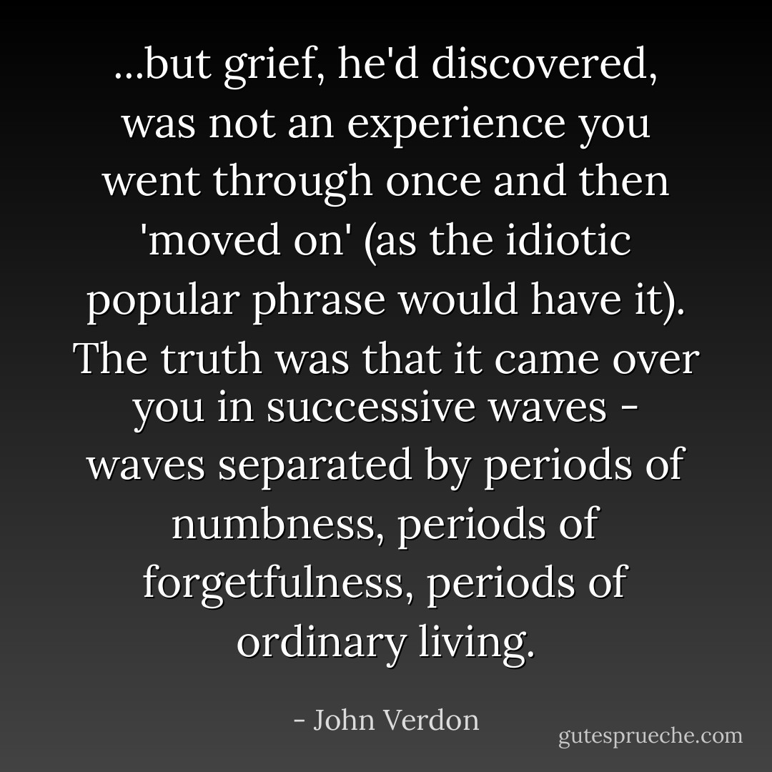 ...but grief, he'd discovered, was not an experience you went through once and then 'moved on' (as the idiotic popular phrase would have it). The truth was that it came over you in successive waves - waves separated by periods of numbness, periods of forgetfulness, periods of ordinary living. - John Verdon