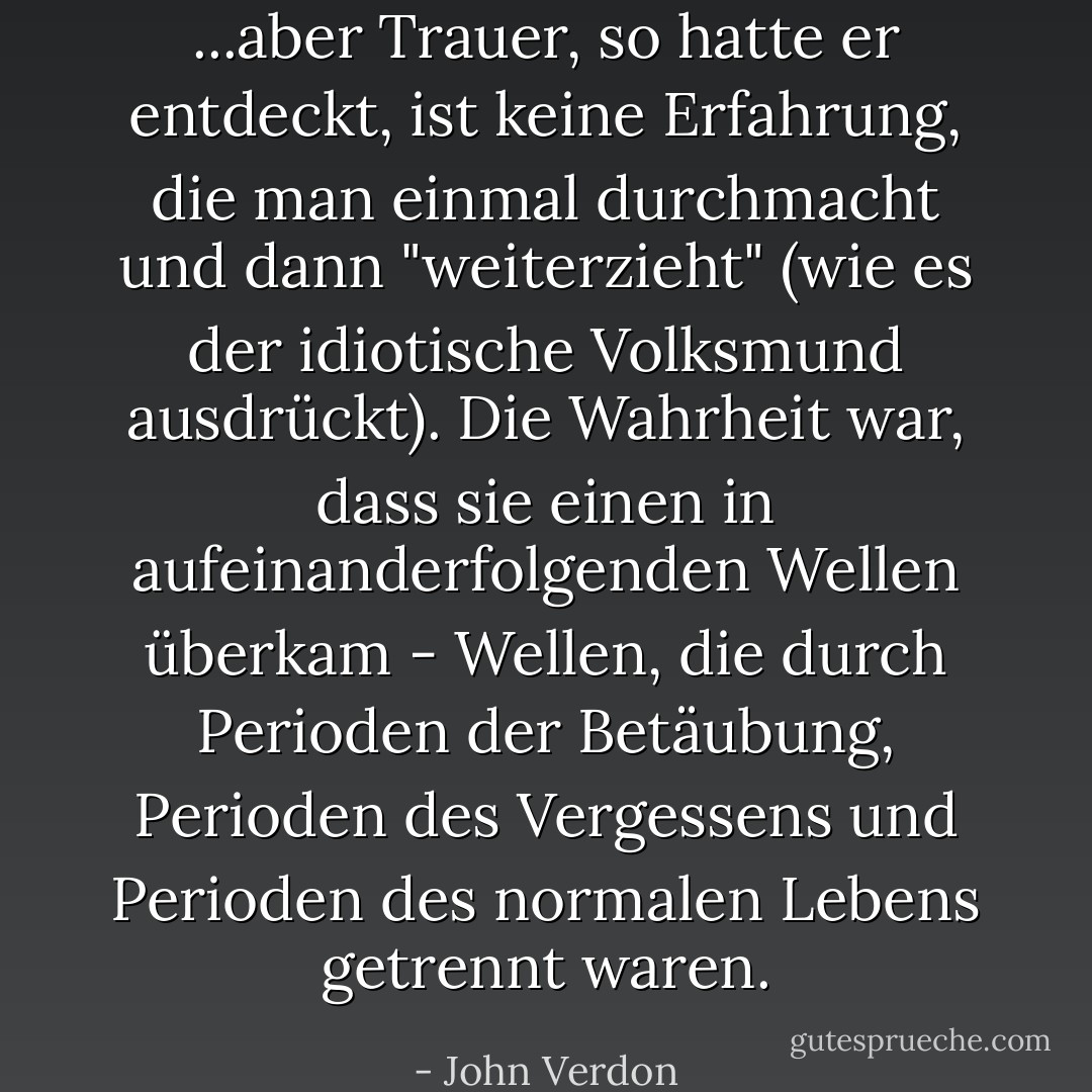 ...aber Trauer, so hatte er entdeckt, ist keine Erfahrung, die man einmal durchmacht und dann "weiterzieht" (wie es der idiotische Volksmund ausdrückt). Die Wahrheit war, dass sie einen in aufeinanderfolgenden Wellen überkam - Wellen, die durch Perioden der Betäubung, Perioden des Vergessens und Perioden des normalen Lebens getrennt waren. - John Verdon<