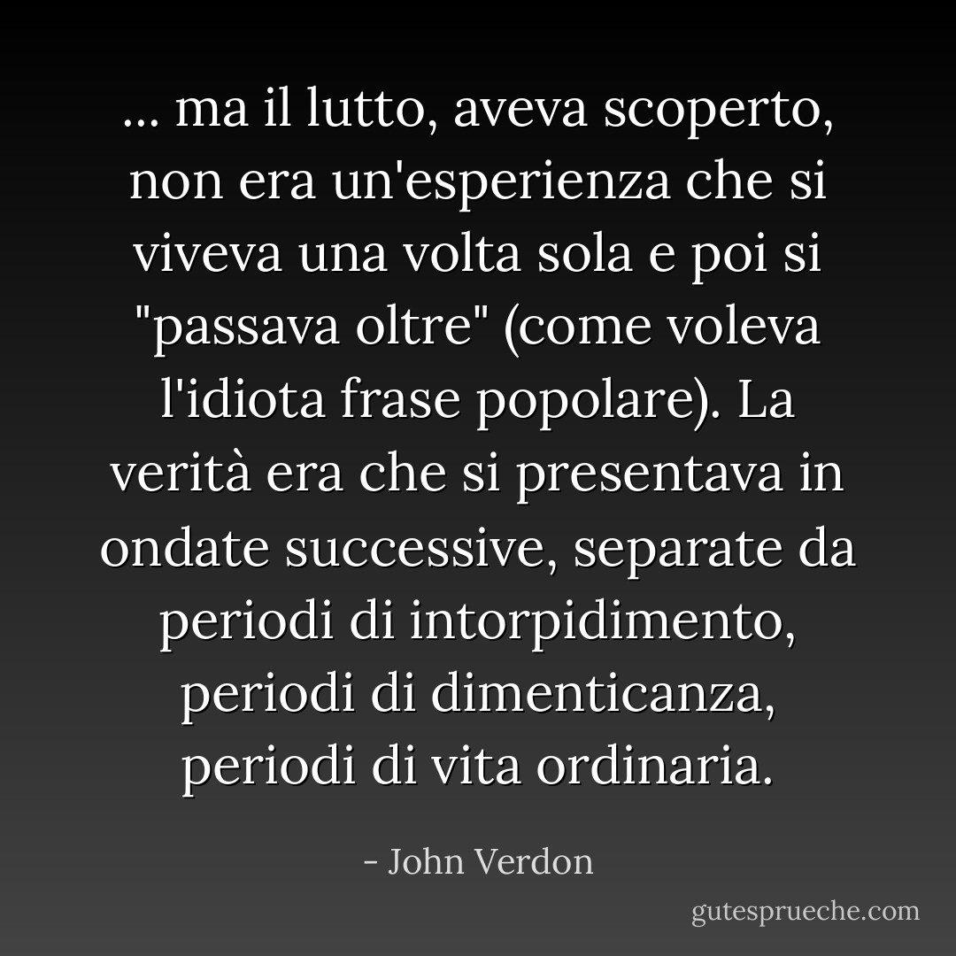 ... ma il lutto, aveva scoperto, non era un'esperienza che si viveva una volta sola e poi si "passava oltre" (come voleva l'idiota frase popolare). La verità era che si presentava in ondate successive, separate da periodi di intorpidimento, periodi di dimenticanza, periodi di vita ordinaria. - John Verdon