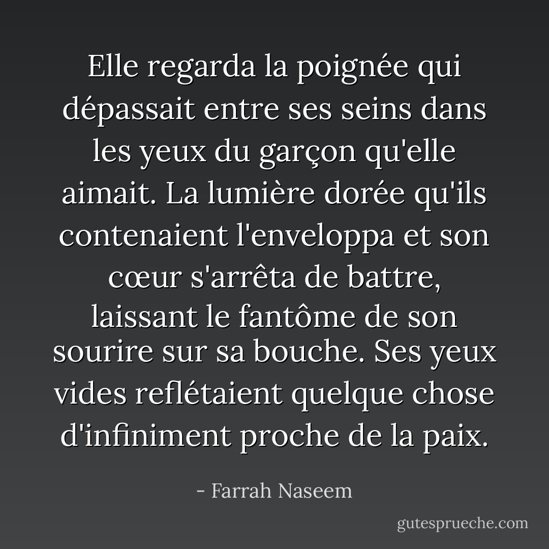 Elle regarda la poignée qui dépassait entre ses seins dans les yeux du garçon qu'elle aimait. La lumière dorée qu'ils contenaient l'enveloppa et son cœur s'arrêta de battre, laissant le fantôme de son sourire sur sa bouche. Ses yeux vides reflétaient quelque chose d'infiniment proche de la paix. - Farrah Naseem