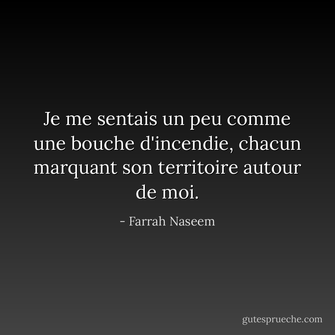 Je me sentais un peu comme une bouche d'incendie, chacun marquant son territoire autour de moi. - Farrah Naseem