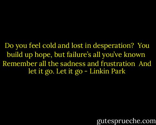 Do you feel cold and lost in desperation?<br /> You build up hope, but failure’s all you’ve known<br /> Remember all the sadness and frustration<br /> And let it go. Let it go - Linkin Park