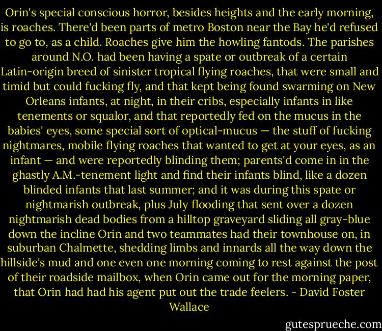 Orin's special conscious horror, besides heights and the early morning, is roaches. There'd been parts of metro Boston near the Bay he'd refused to go to, as a child. Roaches give him the howling fantods. The parishes around N.O. had been having a spate or outbreak of a certain Latin-origin breed of sinister tropical flying roaches, that were small and timid but could fucking fly, and that kept being found swarming on New Orleans infants, at night, in their cribs, especially infants in like tenements or squalor, and that reportedly fed on the mucus in the babies' eyes, some special sort of optical-mucus — the stuff of fucking nightmares, mobile flying roaches that wanted to get at your eyes, as an infant — and were reportedly blinding them; parents'd come in in the ghastly A.M.-tenement light and find their infants blind, like a dozen blinded infants that last summer; and it was during this spate or nightmarish outbreak, plus July flooding that sent over a dozen nightmarish dead bodies from a hilltop graveyard sliding all gray-blue down the incline Orin and two teammates had their townhouse on, in suburban Chalmette, shedding limbs and innards all the way down the hillside's mud and one even one morning coming to rest against the post of their roadside mailbox, when Orin came out for the morning paper, that Orin had had his agent put out the trade feelers. - David Foster Wallace