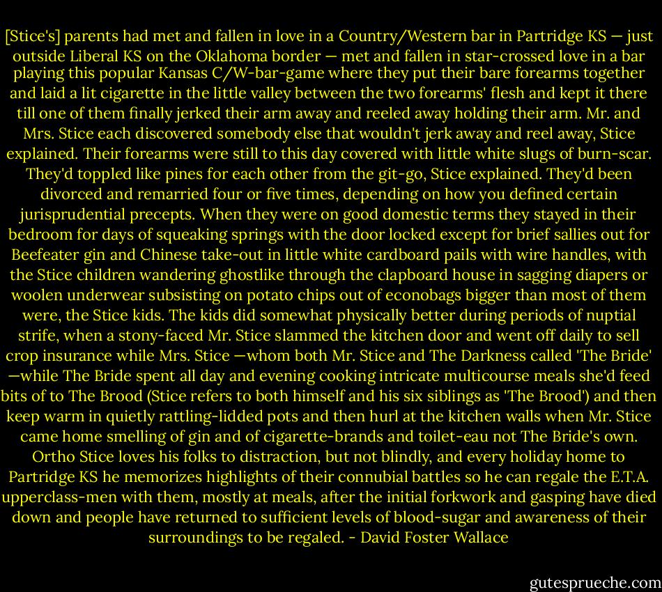 [Stice's] parents had met and fallen in love in a Country/Western bar in Partridge KS — just outside Liberal KS on the Oklahoma border — met and fallen in star-crossed love in a bar playing this popular Kansas C/W-bar-game where they put their bare forearms together and laid a lit cigarette in the little valley between the two forearms' flesh and kept it there till one of them finally jerked their arm away and reeled away holding their arm. Mr. and Mrs. Stice each discovered somebody else that wouldn't jerk away and reel away, Stice explained. Their forearms were still to this day covered with little white slugs of burn-scar. They'd toppled like pines for each other from the git-go, Stice explained. They'd been divorced and remarried four or five times, depending on how you defined certain jurisprudential precepts. When they were on good domestic terms they stayed in their bedroom for days of squeaking springs with the door locked except for brief sallies out for Beefeater gin and Chinese take-out in little white cardboard pails with wire handles, with the Stice children wandering ghostlike through the clapboard house in sagging diapers or woolen underwear subsisting on potato chips out of econobags bigger than most of them were, the Stice kids. The kids did somewhat physically better during periods of nuptial strife, when a stony-faced Mr. Stice slammed the kitchen door and went off daily to sell crop insurance while Mrs. Stice —whom both Mr. Stice and The Darkness called 'The Bride' —while The Bride spent all day and evening cooking intricate multicourse meals she'd feed bits of to The Brood (Stice refers to both himself and his six siblings as 'The Brood') and then keep warm in quietly rattling-lidded pots and then hurl at the kitchen walls when Mr. Stice came home smelling of gin and of cigarette-brands and toilet-eau not The Bride's own. Ortho Stice loves his folks to distraction, but not blindly, and every holiday home to Partridge KS he memorizes highlights of their connubial battles so he can regale the E.T.A. upperclass-men with them, mostly at meals, after the initial forkwork and gasping have died down and people have returned to sufficient levels of blood-sugar and awareness of their surroundings to be regaled. - David Foster Wallace