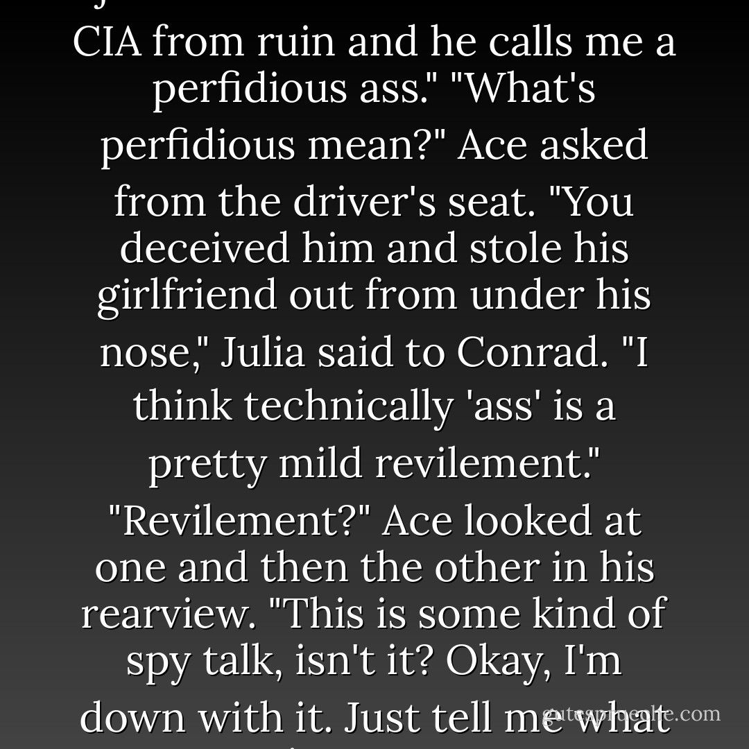 What do you mean, is that it? I just saved his career and the CIA from ruin and he calls me a perfidious ass."<br />"What's perfidious mean?" Ace asked from the driver's seat.<br />"You deceived him and stole his girlfriend out from under his nose," Julia said to Conrad. "I think technically 'ass' is a pretty mild revilement."<br />"Revilement?" Ace looked at one and then the other in his rearview. "This is some kind of spy talk, isn't it? Okay, I'm down with it. Just tell me what it means. - Misty Evans
