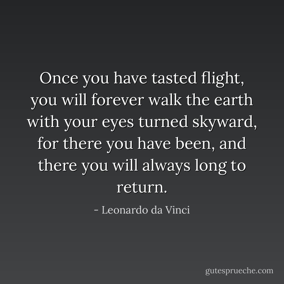 Once you have tasted flight, you will forever walk the earth with your eyes turned skyward, for there you have been, and there you will always long to return. - Leonardo da Vinci