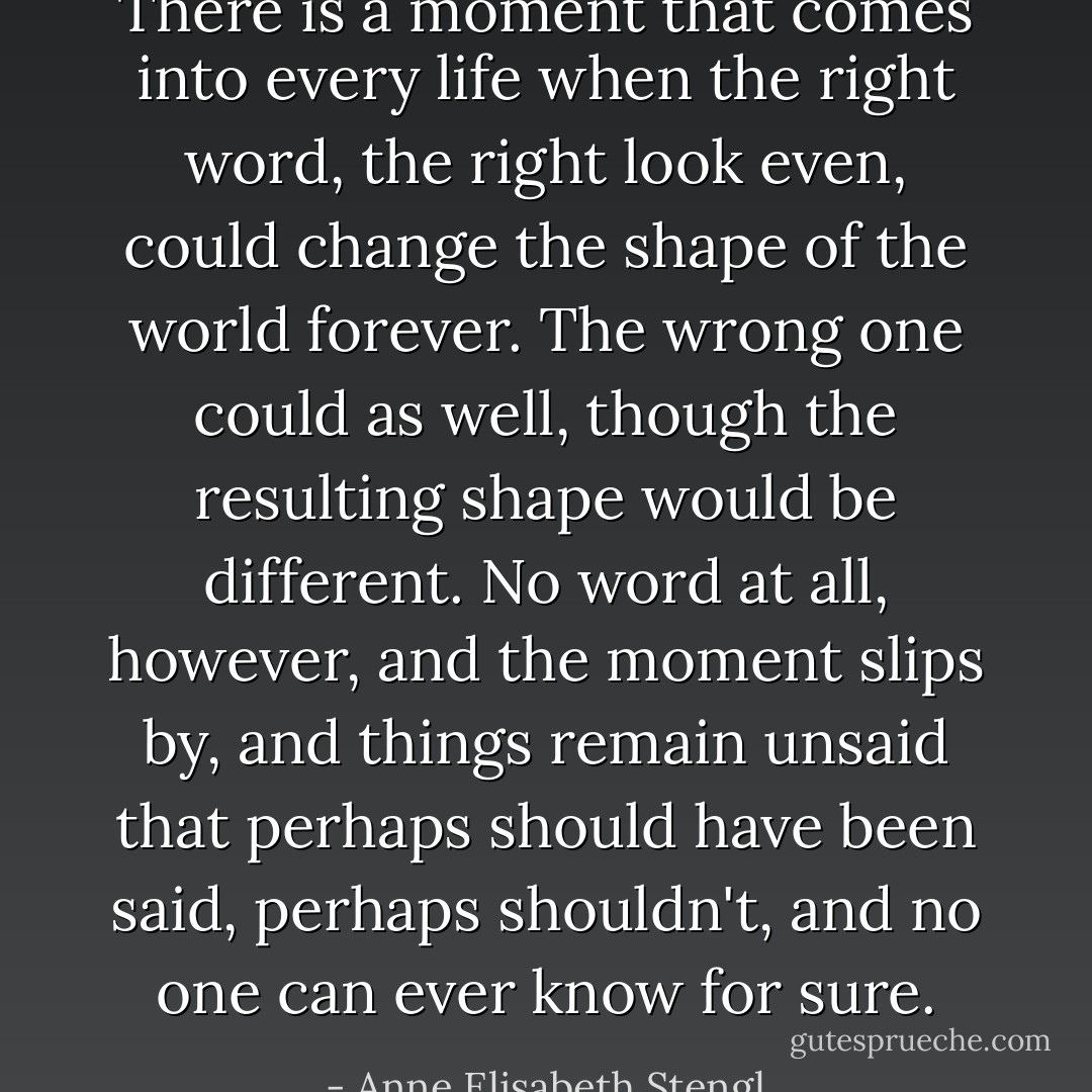 There is a moment that comes into every life when the right word, the right look even, could change the shape of the world forever. The wrong one could as well, though the resulting shape would be different. No word at all, however, and the moment slips by, and things remain unsaid that perhaps should have been said, perhaps shouldn't, and no one can ever know for sure. - Anne Elisabeth Stengl