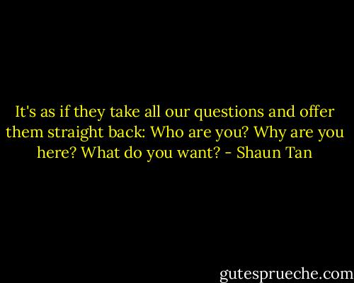 It's as if they take all our questions and offer them straight back: Who are you? Why are you here? What do you want? - Shaun Tan
