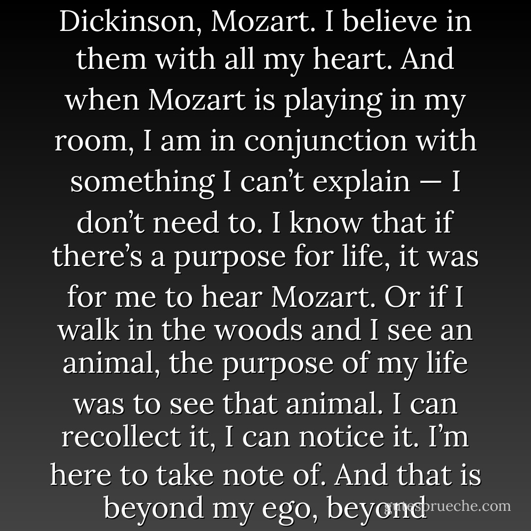 Art has always been my salvation. And my gods are Herman Melville, Emily Dickinson, Mozart. I believe in them with all my heart. And when Mozart is playing in my room, I am in conjunction with something I can’t explain — I don’t need to. I know that if there’s a purpose for life, it was for me to hear Mozart. Or if I walk in the woods and I see an animal, the purpose of my life was to see that animal. I can recollect it, I can notice it. I’m here to take note of. And that is beyond my ego, beyond anything that belongs to me, an observer, an observer. - Maurice Sendak