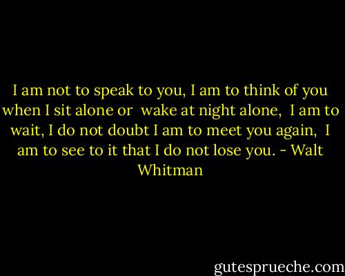 I am not to speak to you, I am to think of you when I sit alone or <br />wake at night alone, <br />I am to wait, I do not doubt I am to meet you again, <br />I am to see to it that I do not lose you. - Walt Whitman