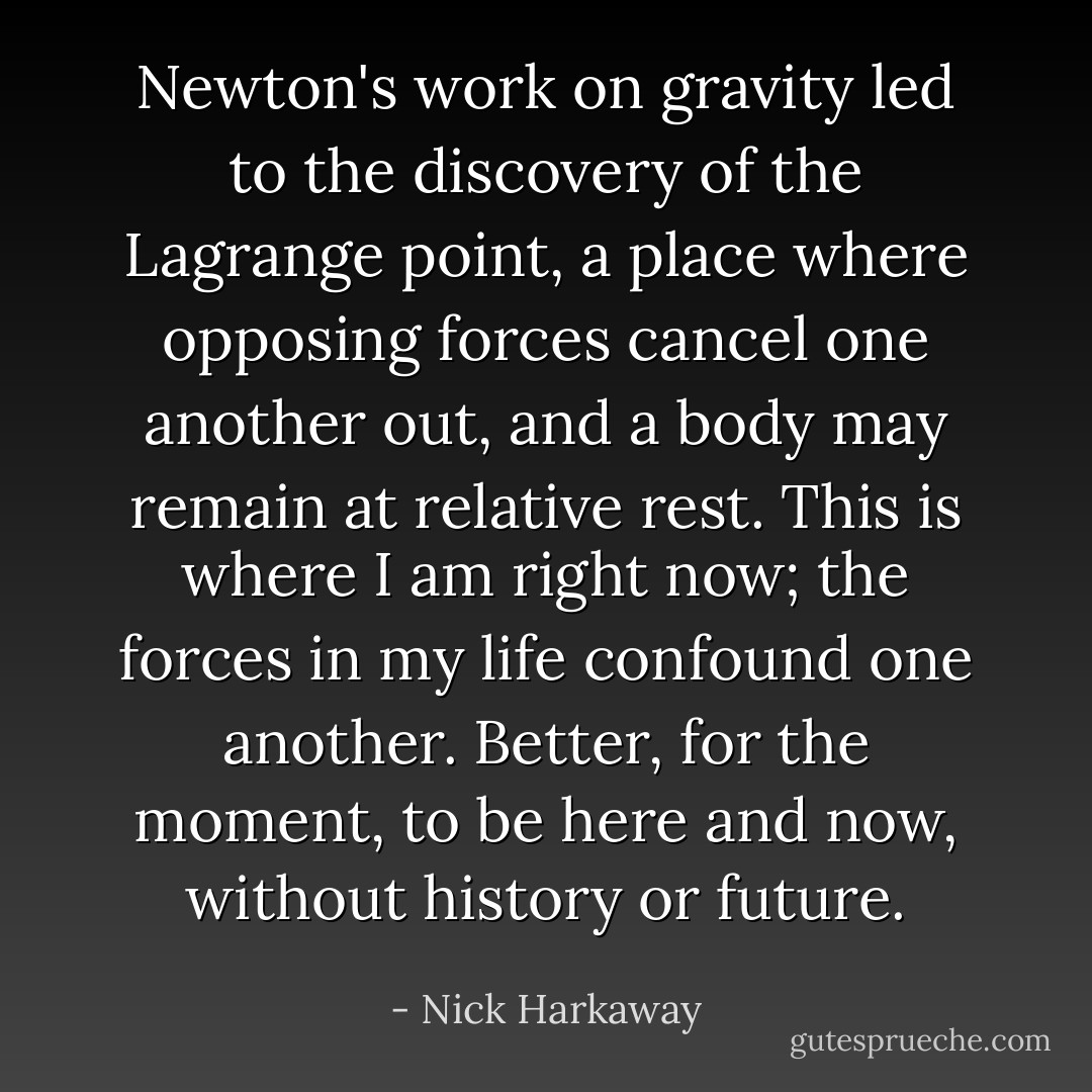 Newton's work on gravity led to the discovery of the Lagrange point, a place where opposing forces cancel one another out, and a body may remain at relative rest. This is where I am right now; the forces in my life confound one another. Better, for the moment, to be here and now, without history or future. - Nick Harkaway